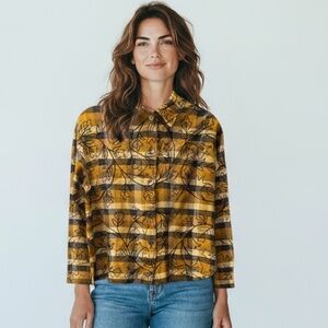 Chicos Plaid Embroidered Button Down Shirt 100% Silk‎ Size 2 Boho VTG